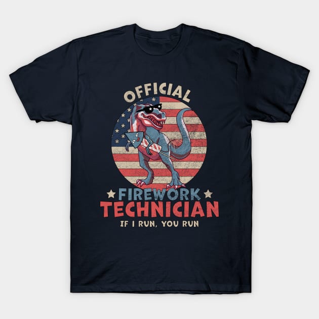 Official Firework Technician 4th of July Dinosaur T-rex T-Shirt by OrangeMonkeyArt